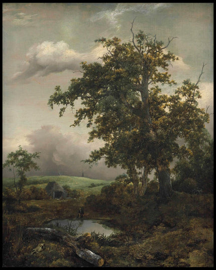 A wooded landscape with a man at rest by a pond near a hut
