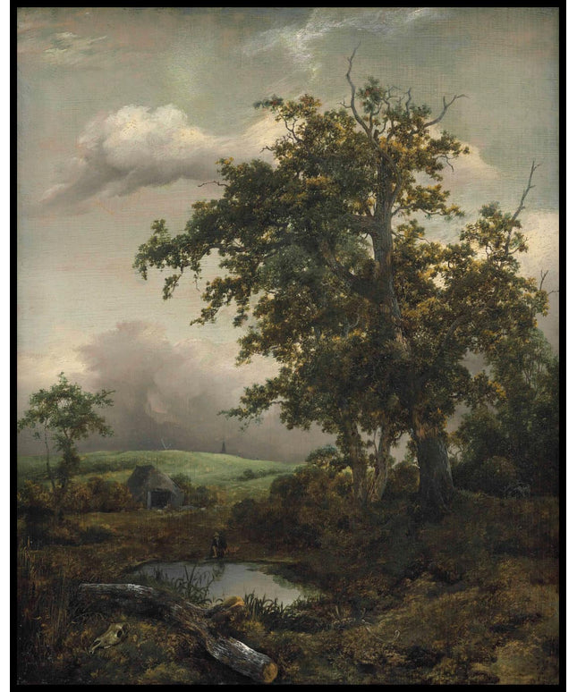 A wooded landscape with a man at rest by a pond near a hut