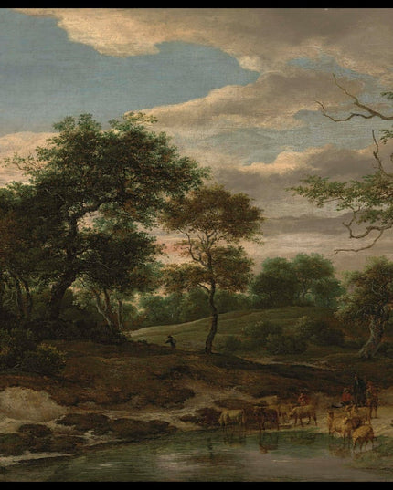 A wooded landscape with a shepherd watering his flock