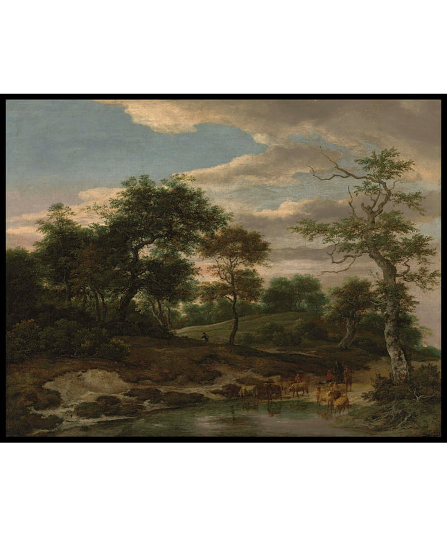 A wooded landscape with a shepherd watering his flock