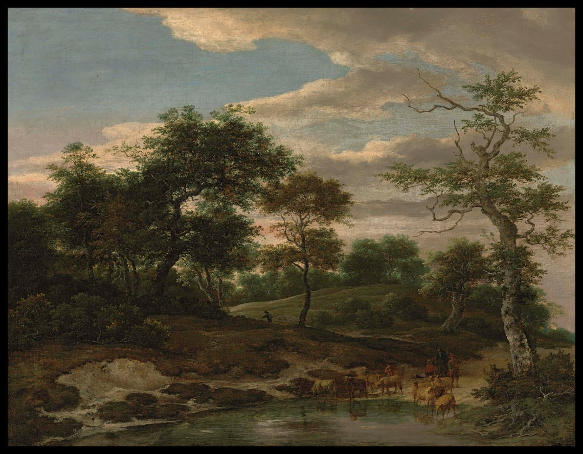 A wooded landscape with a shepherd watering his flock