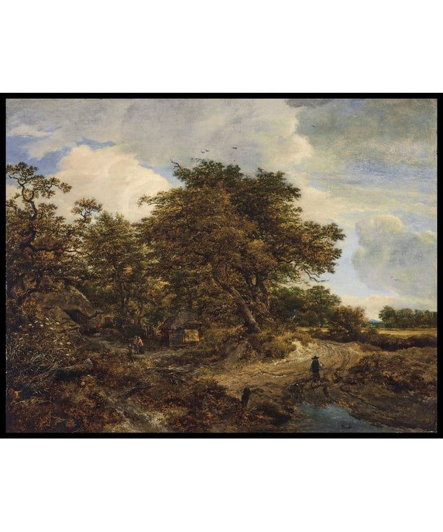 A wooded landscape with cottages and a figure and dogs on a dirt path