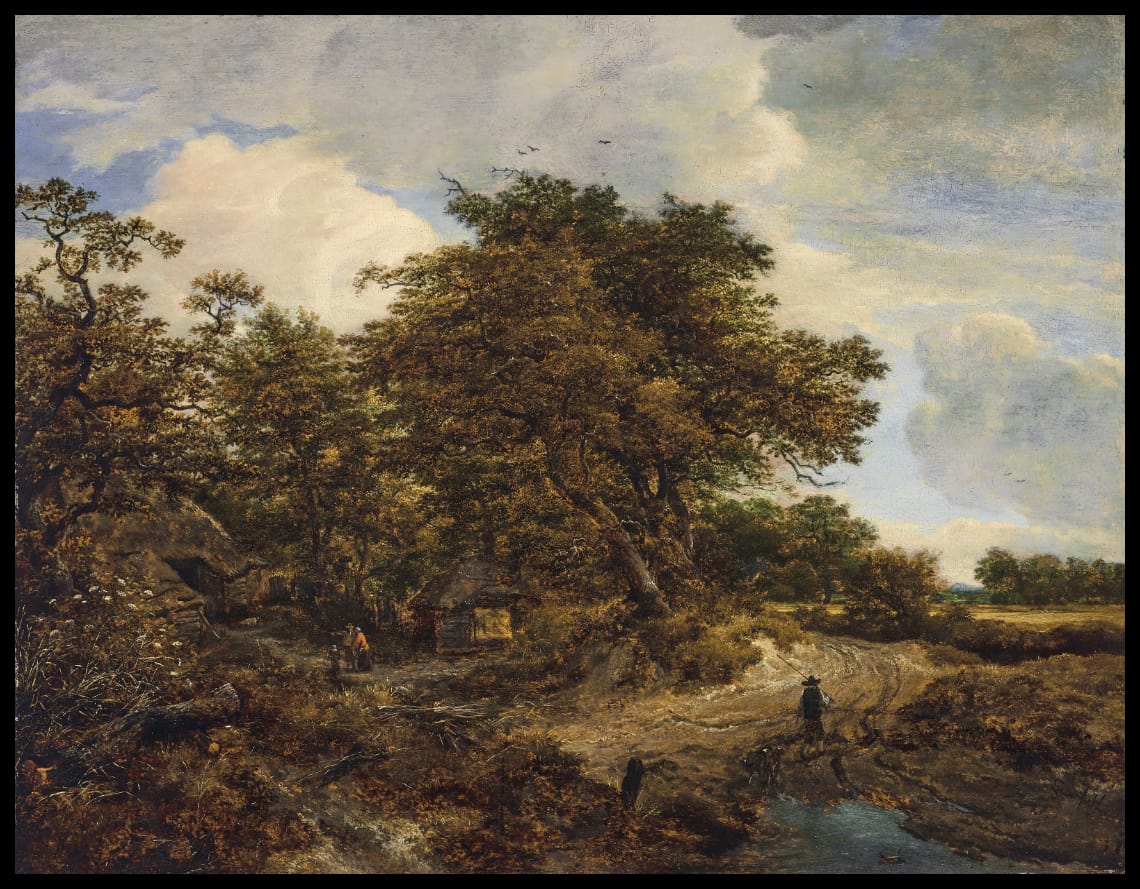 A wooded landscape with cottages and a figure and dogs on a dirt path