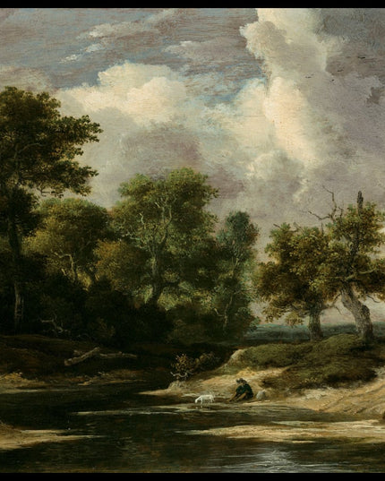 A wooded river landscape with a traveller and dog