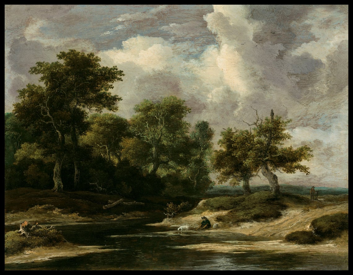 A wooded river landscape with a traveller and dog