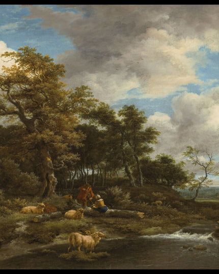 A wooded river landscape with shepherds and their flock