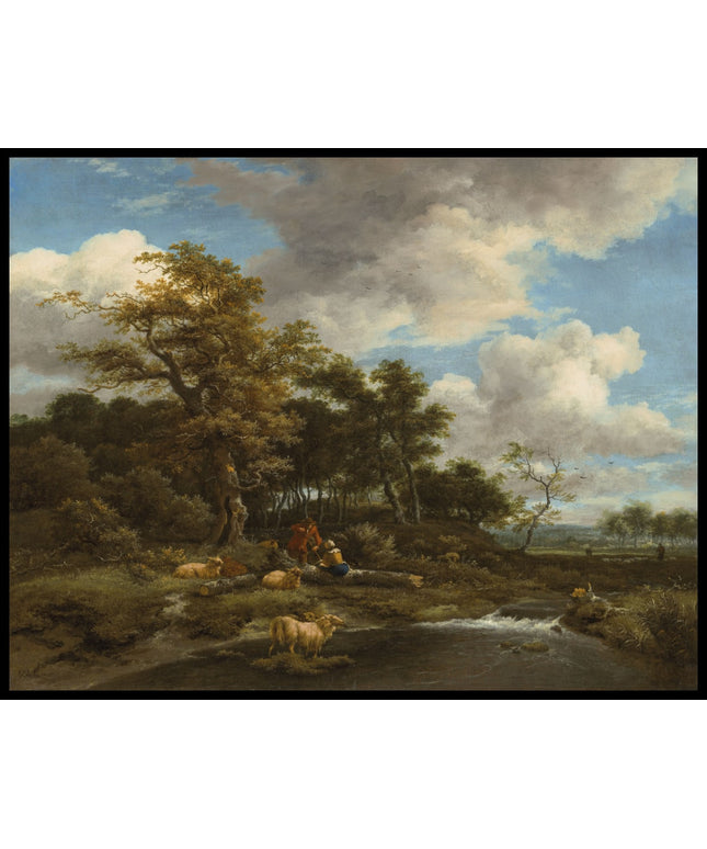 A wooded river landscape with shepherds and their flock