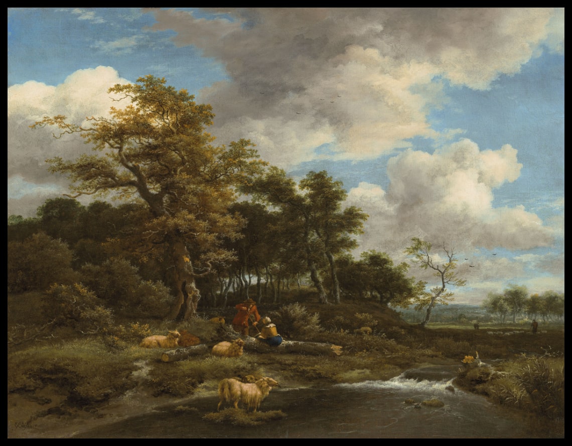 A wooded river landscape with shepherds and their flock