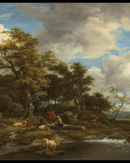 A woody river landscape with shepherds and their flock