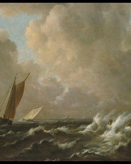 Sailing vessels in a stormy sea, with a jetty to the right