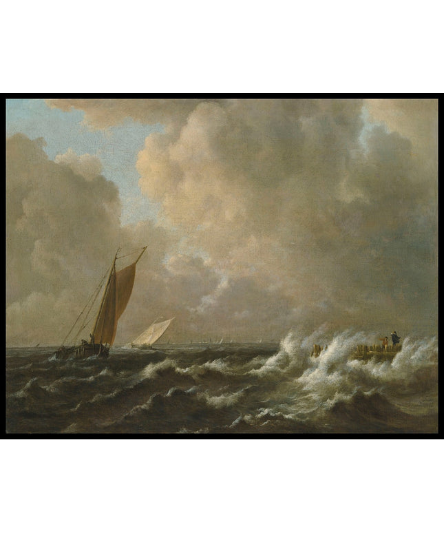 Sailing vessels in a stormy sea, with a jetty to the right