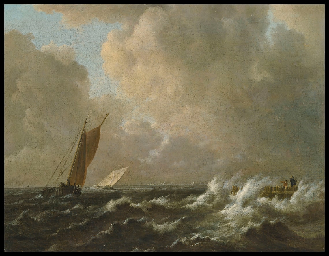 Sailing vessels in a stormy sea, with a jetty to the right