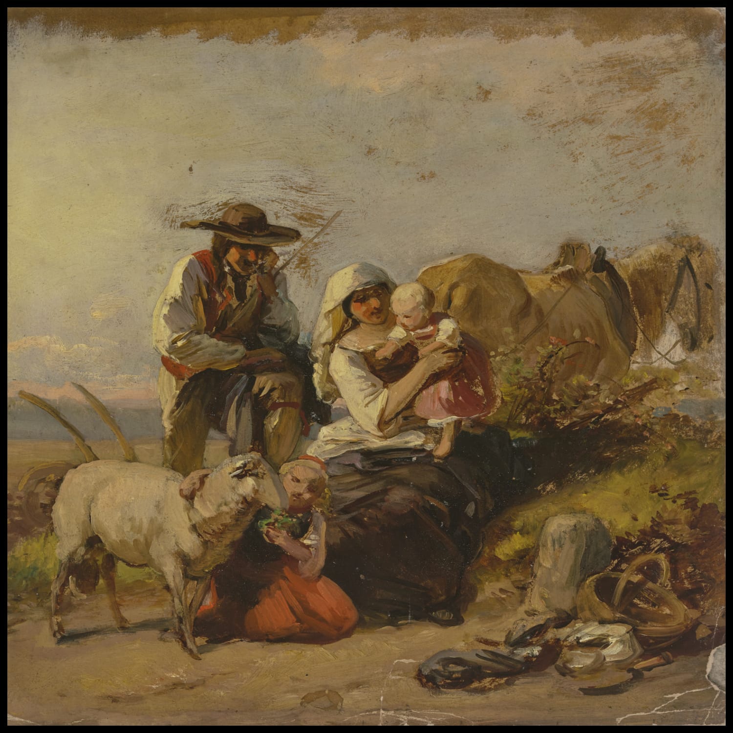 Farming family with horse and goat