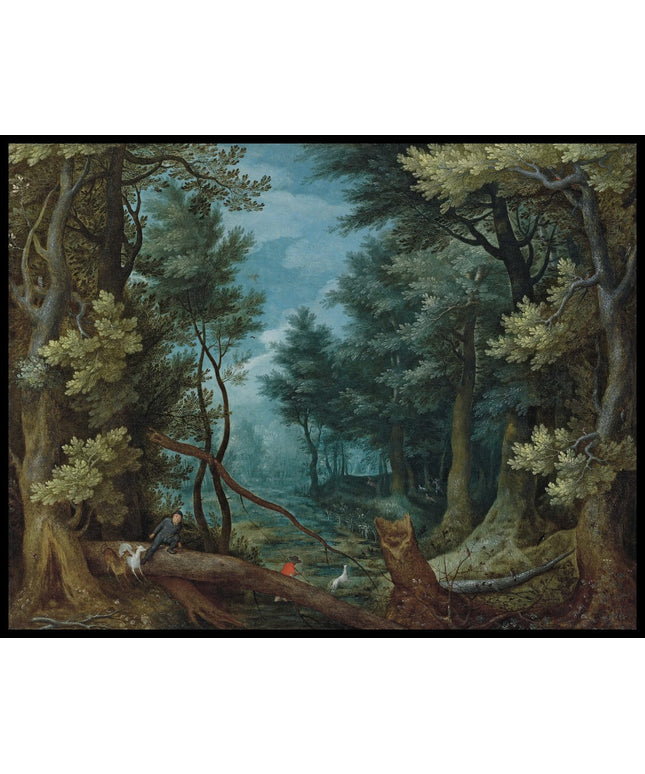 A forest landscape with hunters giving chase to a stag