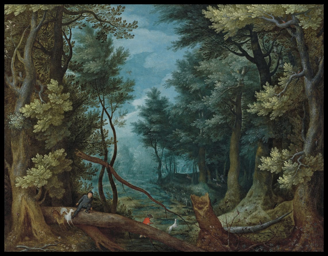 A forest landscape with hunters giving chase to a stag
