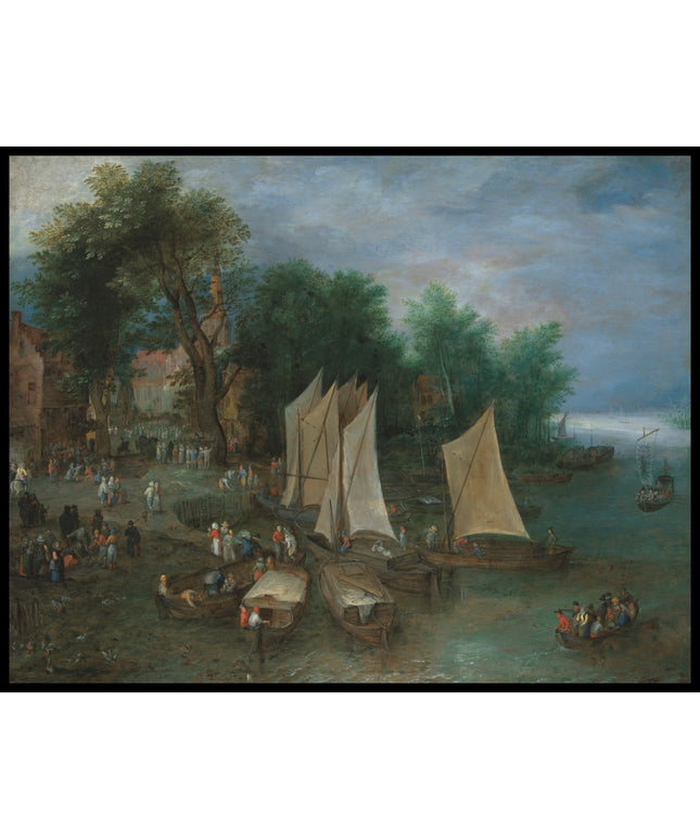 A landing stage near a village with shipping and figures