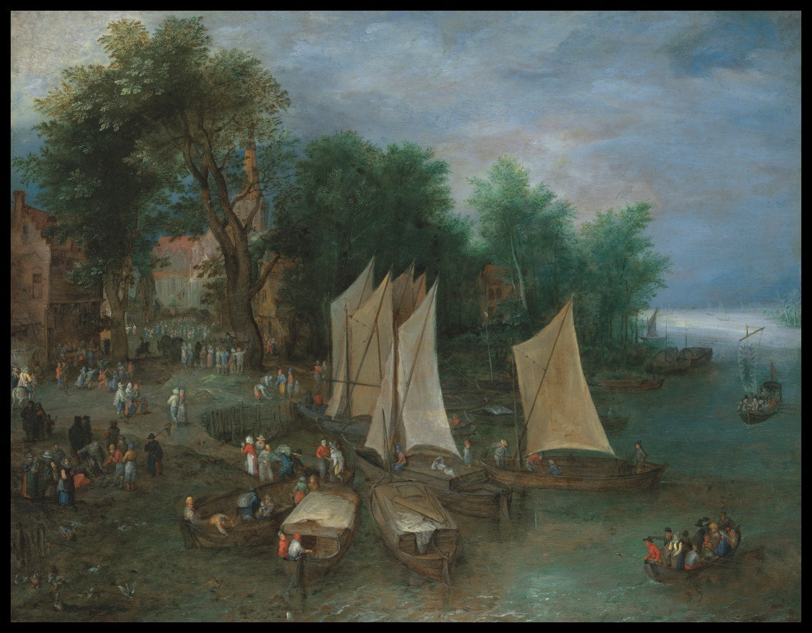 A landing stage near a village with shipping and figures