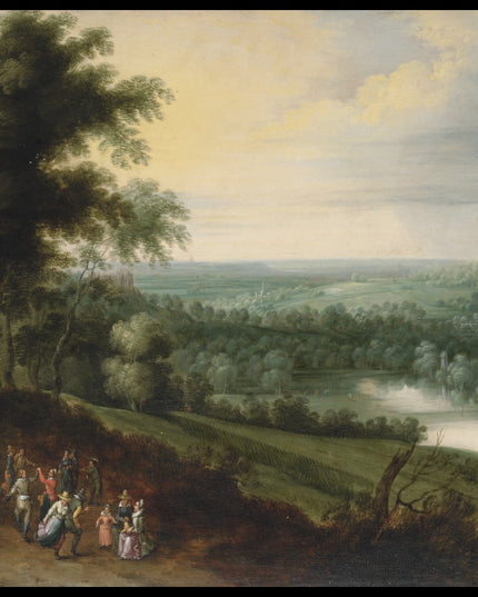 A landscape with figures and waggons on a path