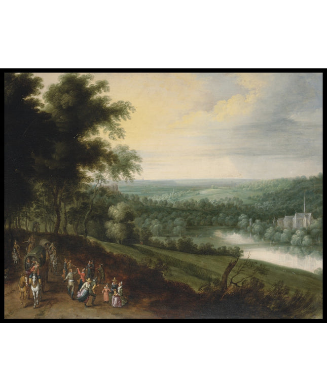 A landscape with figures and waggons on a path