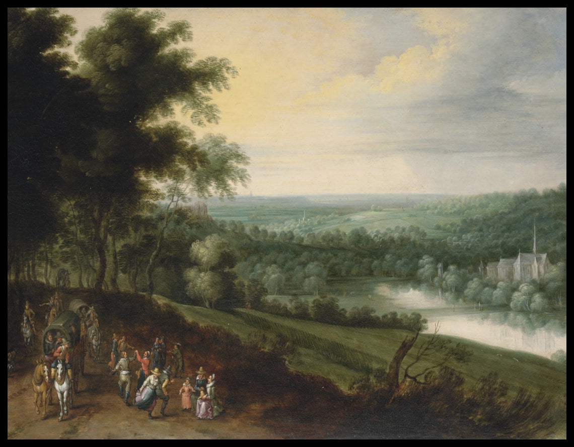 A landscape with figures and waggons on a path