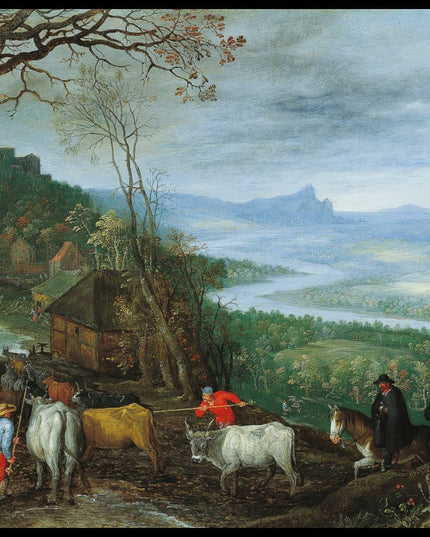 A landscape with herdsmen driving cattle to a village