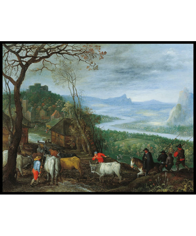A landscape with herdsmen driving cattle to a village