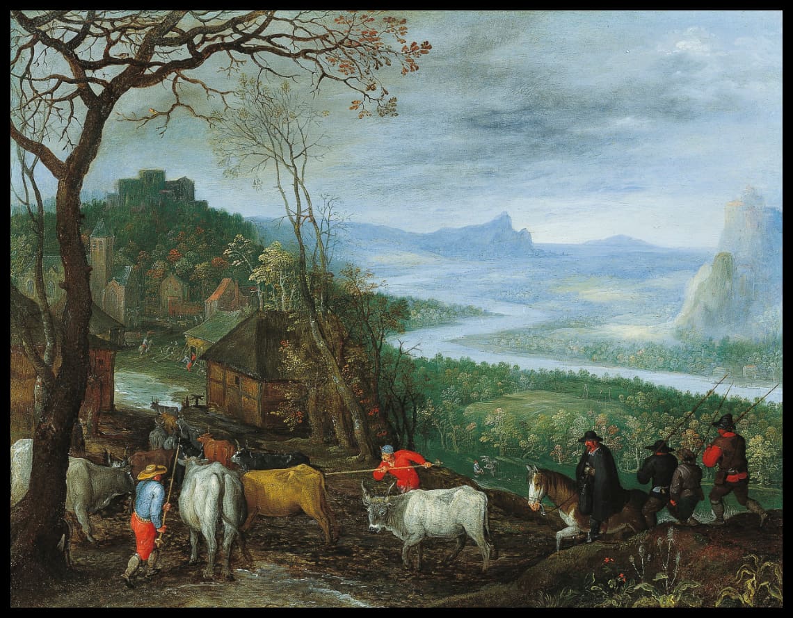A landscape with herdsmen driving cattle to a village