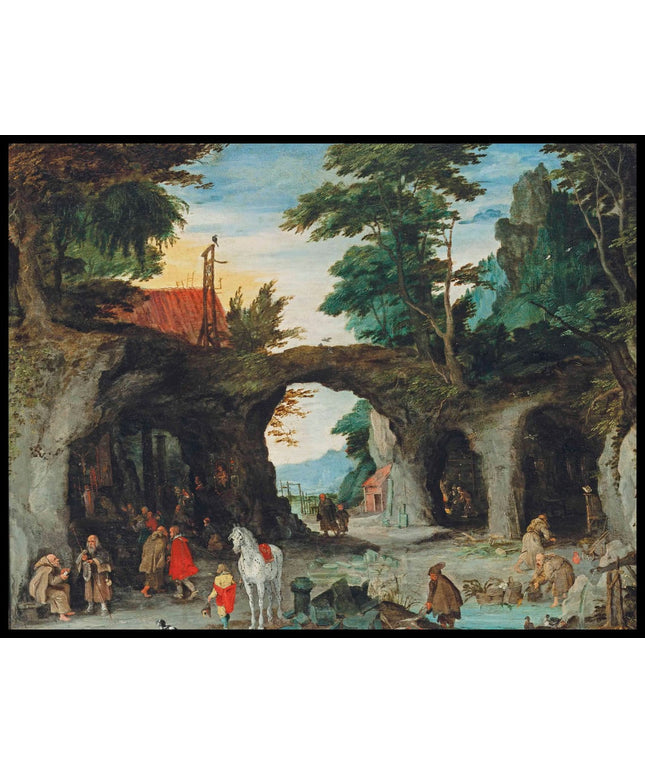 A mountainous landscape with pilgrims visiting a shrine at a hermitage