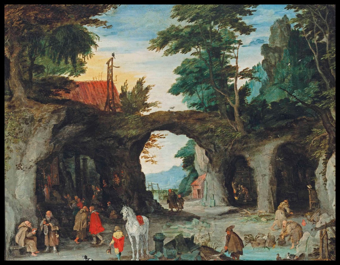 A mountainous landscape with pilgrims visiting a shrine at a hermitage