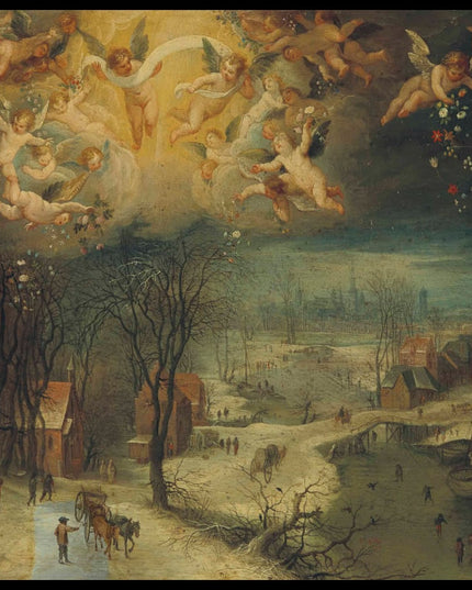 A winter landscape with villagers gathering wood and skaters on a frozen river