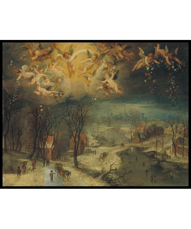 A winter landscape with villagers gathering wood and skaters on a frozen river