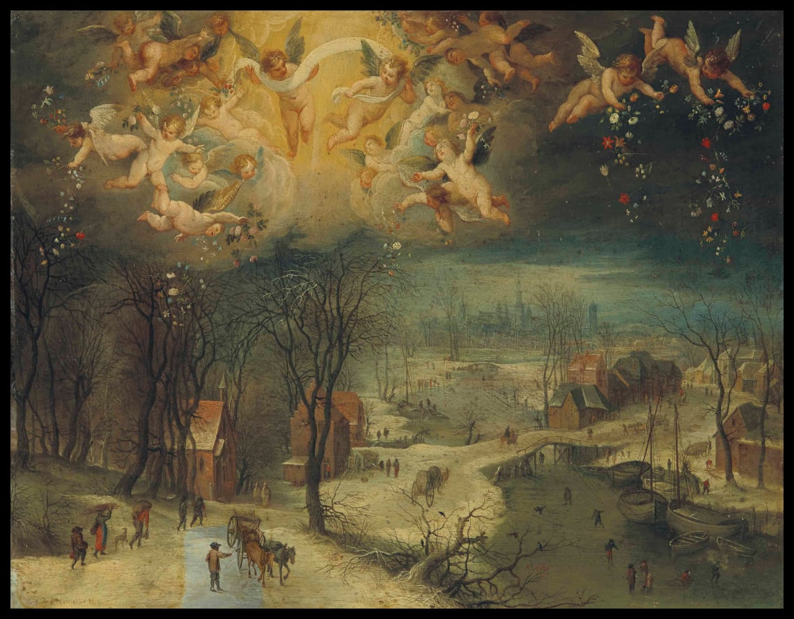 A winter landscape with villagers gathering wood and skaters on a frozen river