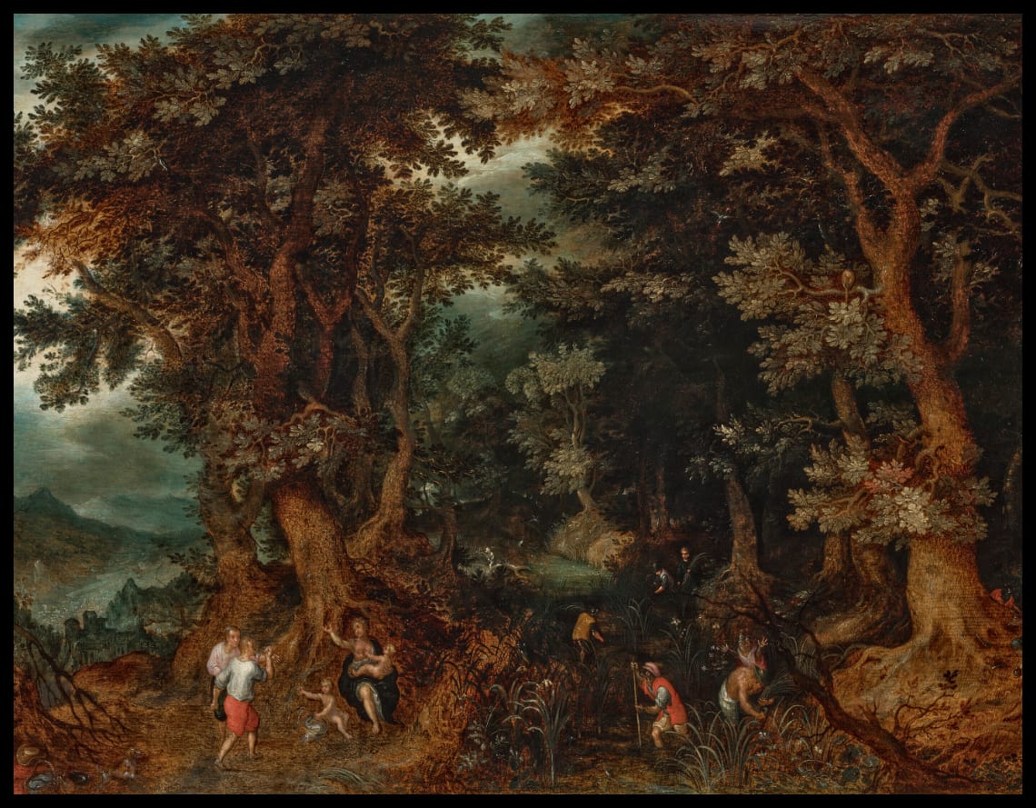 A wooded landscape with Latona spied on by the Lycian farmers