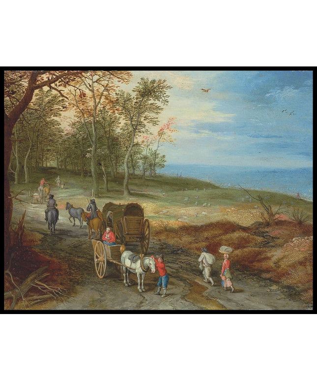 A wooded landscape with peasants and horse carriages on a path