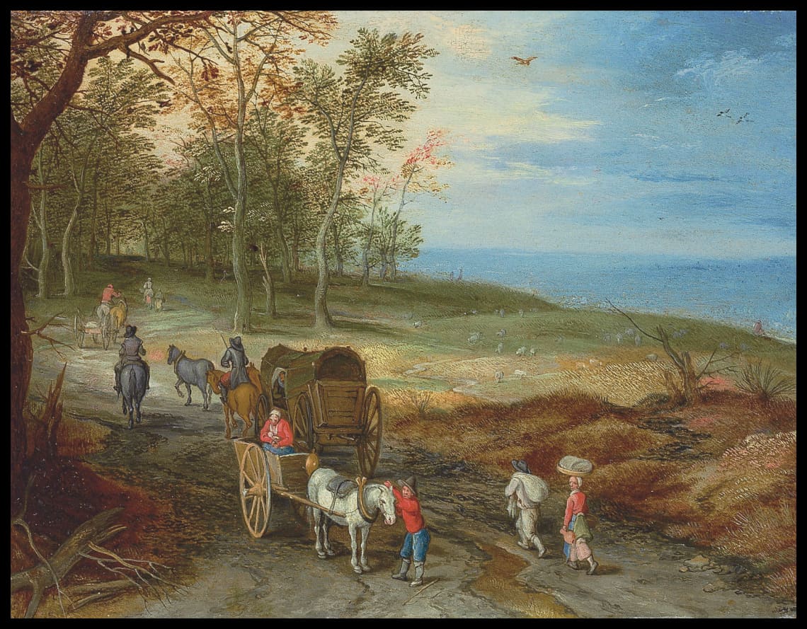 A wooded landscape with peasants and horse carriages on a path