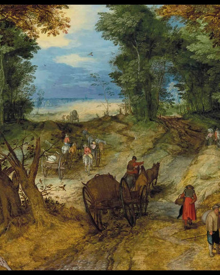 A wooded landscape with travelers on a path