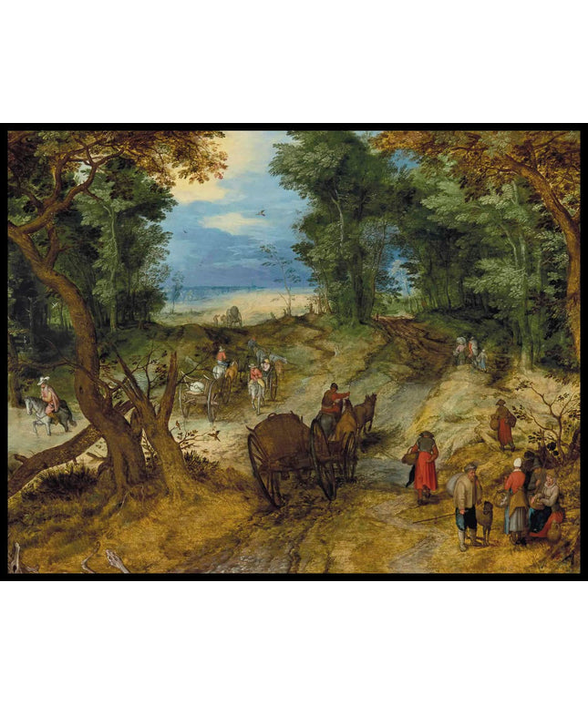 A wooded landscape with travelers on a path