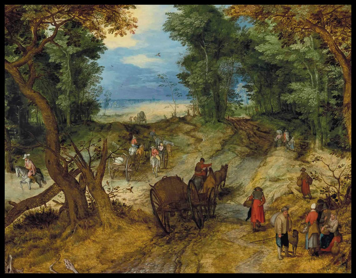 A wooded landscape with travelers on a path