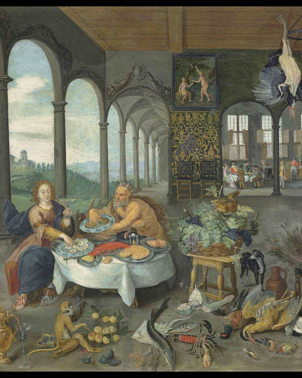 Allegory of Taste figures feasting in the loggia of a palace