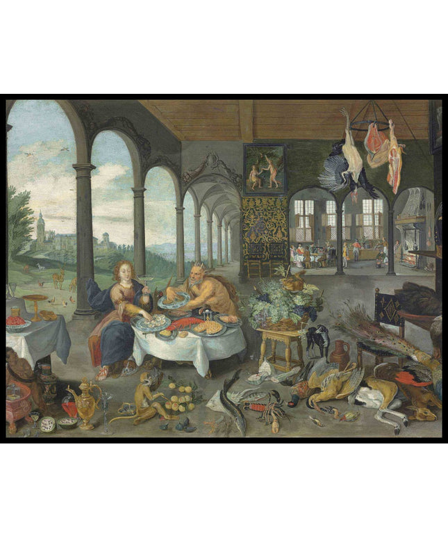Allegory of Taste figures feasting in the loggia of a palace