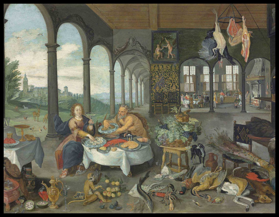 Allegory of Taste figures feasting in the loggia of a palace