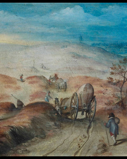An extensive, hilly landscape with carriages and peasants on a sandy path