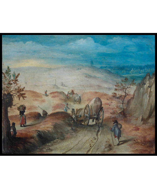 An extensive, hilly landscape with carriages and peasants on a sandy path