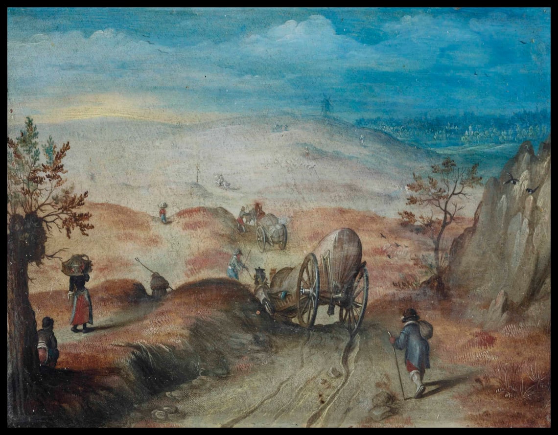 An extensive, hilly landscape with carriages and peasants on a sandy path