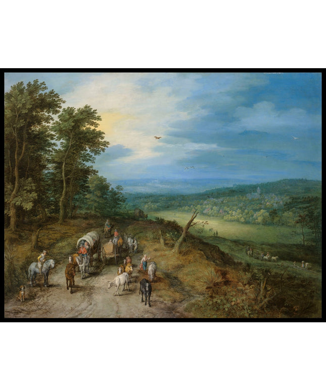 An extensive wooded landscape with travellers on a road, a church in the distance
