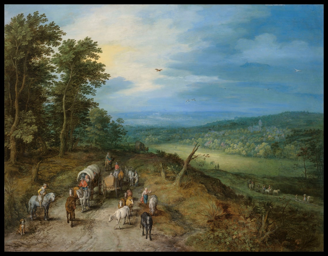 An extensive wooded landscape with travelers on a road, a church in the distance