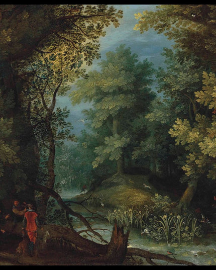 Hunters with hounds by a stream in a wooded landscape