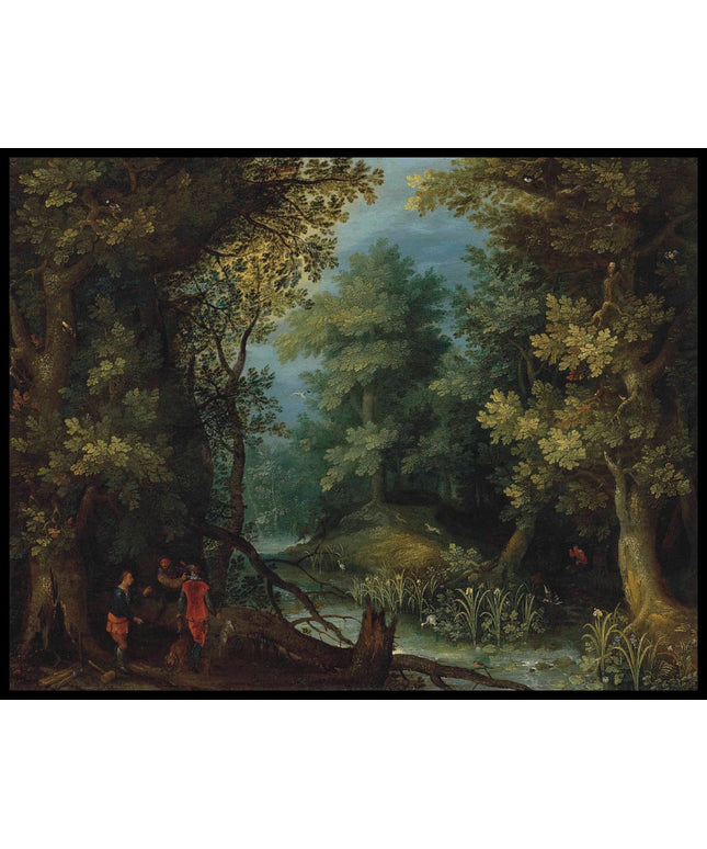 Hunters with hounds by a stream in a wooded landscape