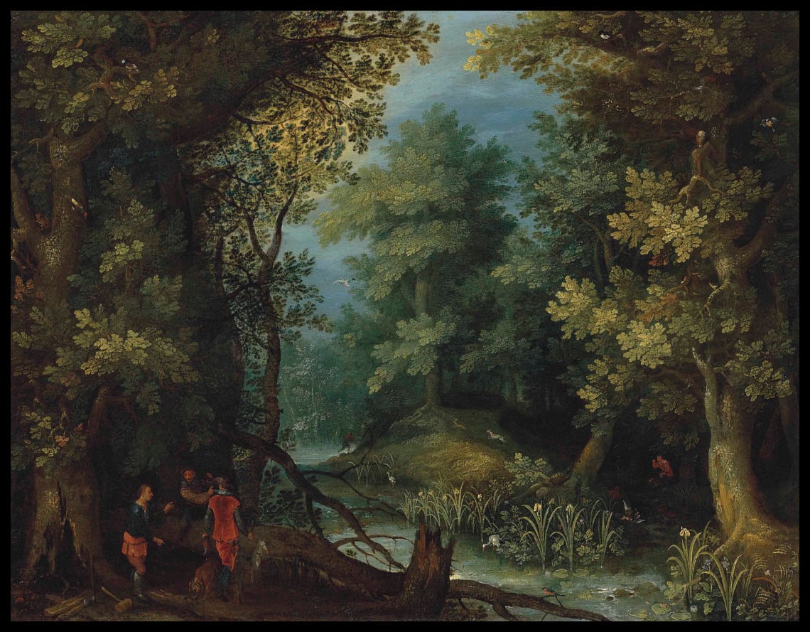 Hunters with hounds by a stream in a wooded landscape