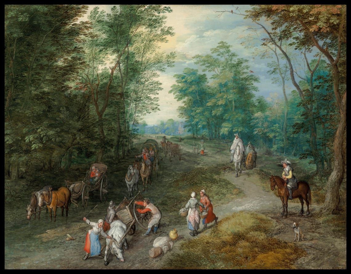Wooded landscape with travelers